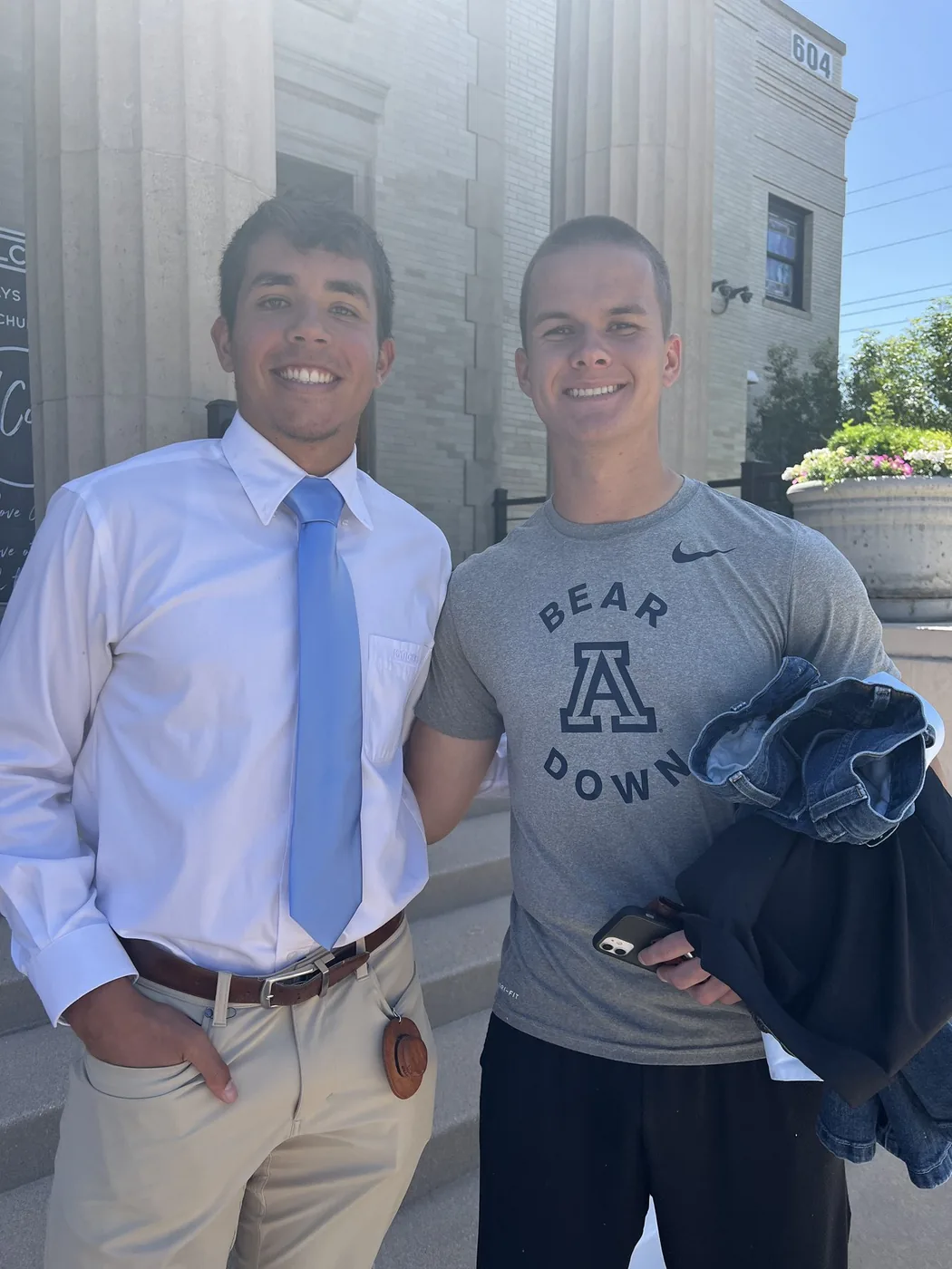 Blake in a Bear Down shirt with Tyler in a tie
